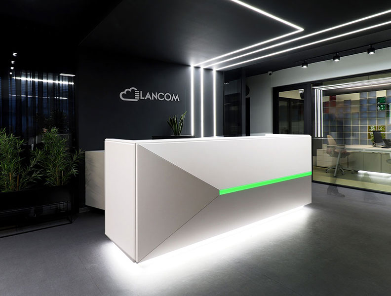 Lancom office reception area with lighting and minimalist design.