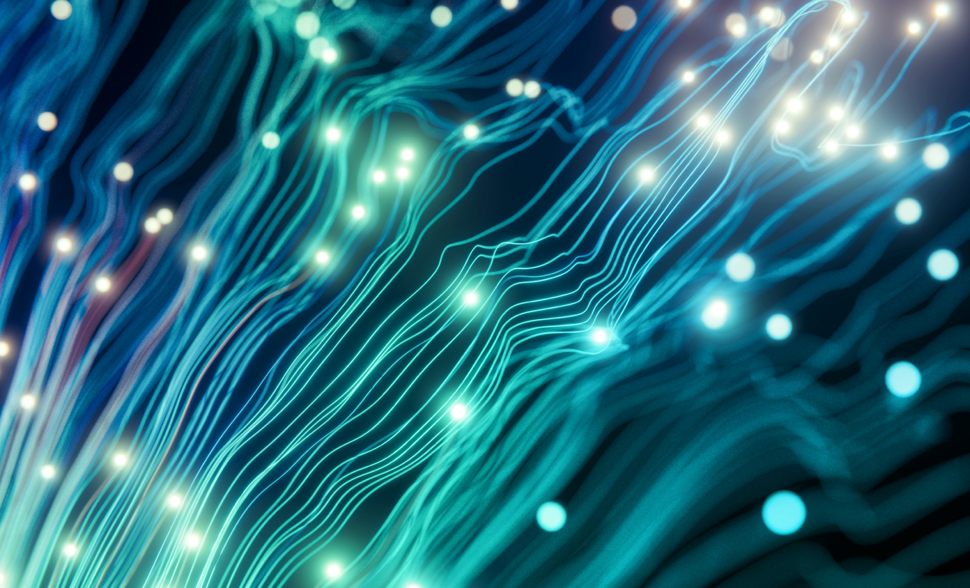 Abstract digital network visualization with flowing data lines and light nodes representing high-speed connectivity, low-latency infrastructure and modern cloud networking.