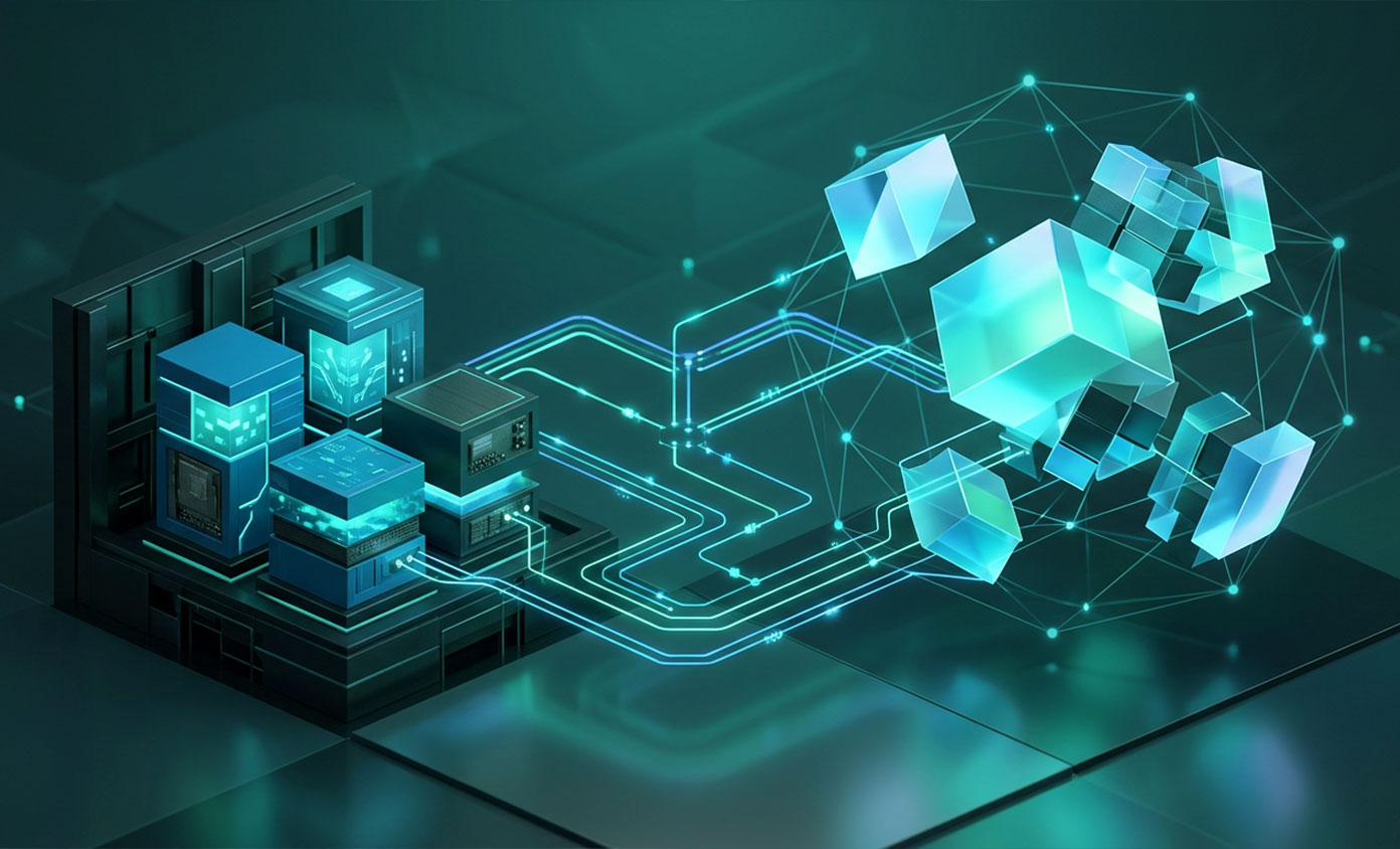 Hybrid cloud infrastructure illustration with interconnected data centers and digital nodes, representing scalable enterprise cloud architecture and seamless data integration.